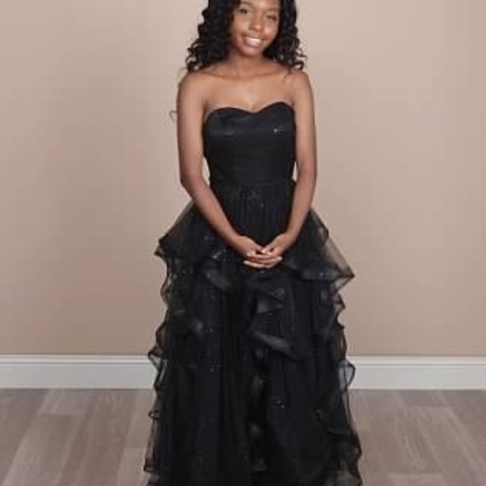 Strapless Black Ruffled Ball Gown